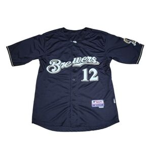 Milwaukee Brewers Jersey 12 Aaron Rodgers Sewn Mens Size 52 XL Baseball Blue